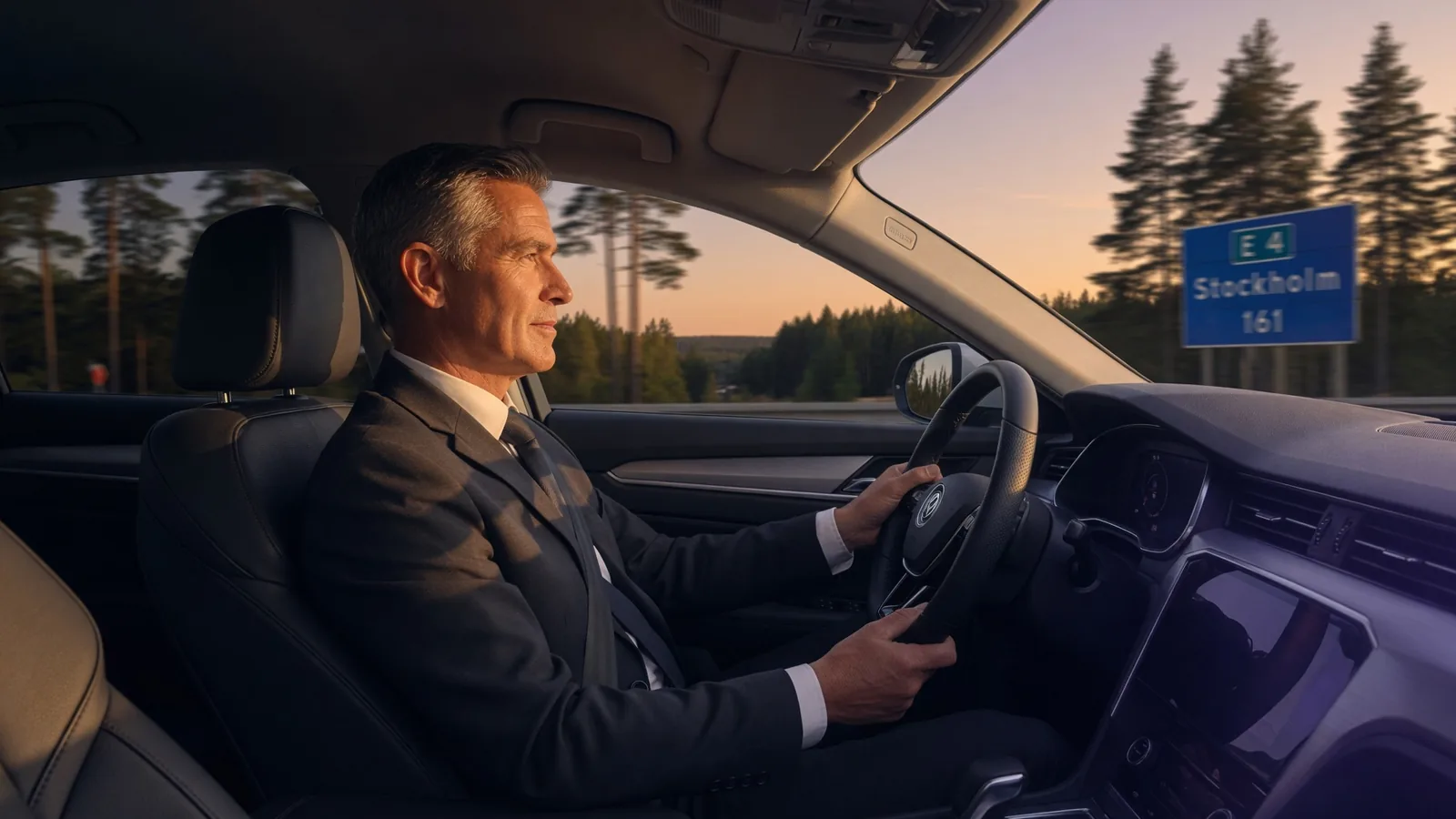 WeDrive-förare som kör en kunds bil på en svensk motorväg i kvällsljus - biltransport dörr till dörr.