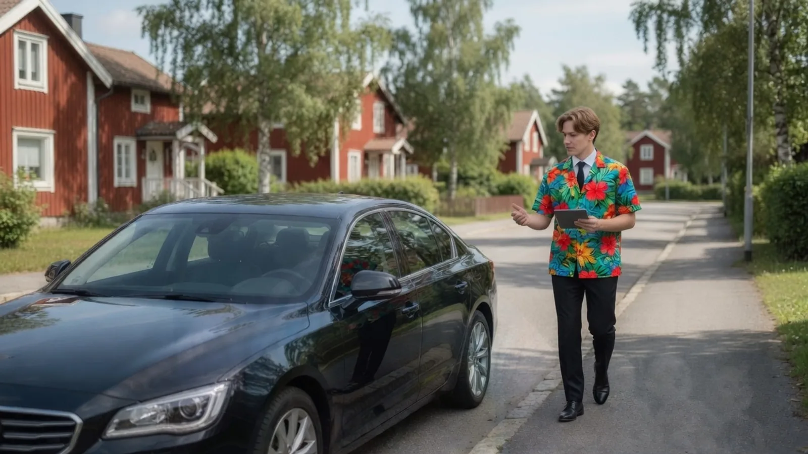 Förare lämnar en bil dörr till dörr på en svensk gata - frakta bil inom Sverige med dokumenterat skick.