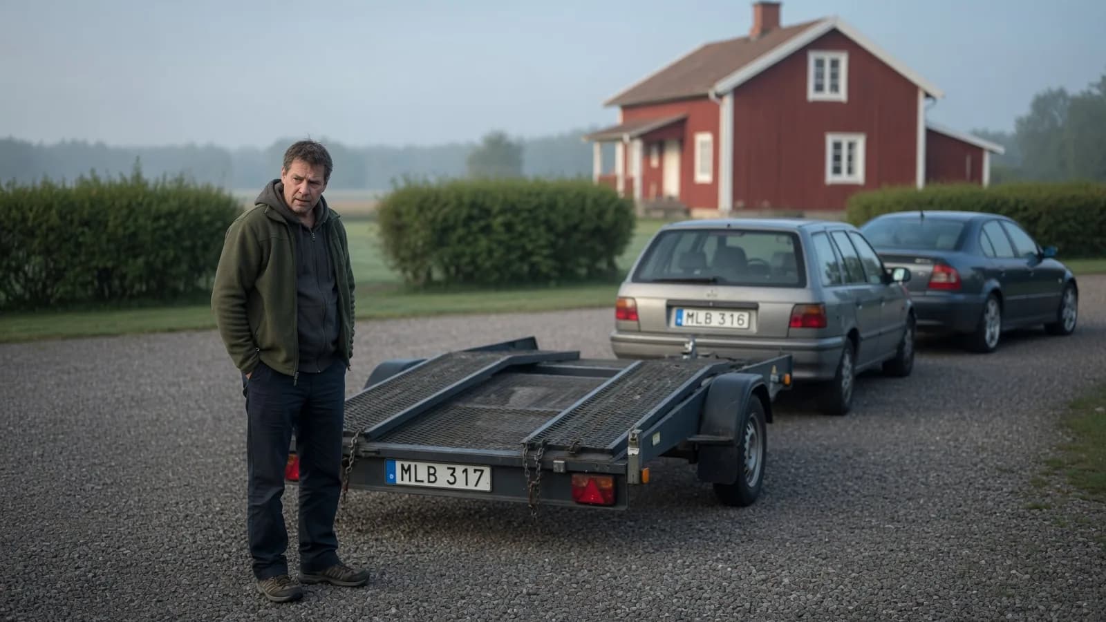 Person vid en biltrailer i en uppfart - hyra biltransport och köra själv eller boka förare.